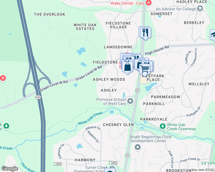 map of restaurants, bars, coffee shops, grocery stores, and more near 310 Caraway Lane in Cary