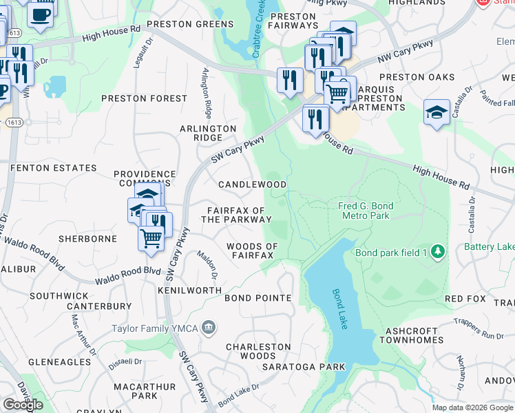 map of restaurants, bars, coffee shops, grocery stores, and more near 203 Muir Woods Drive in Cary
