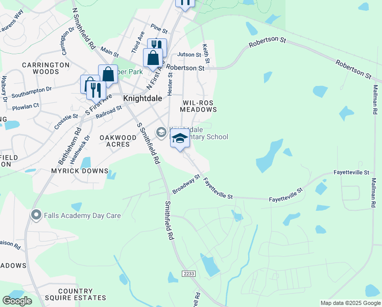 map of restaurants, bars, coffee shops, grocery stores, and more near 519 Fayetteville Street in Knightdale