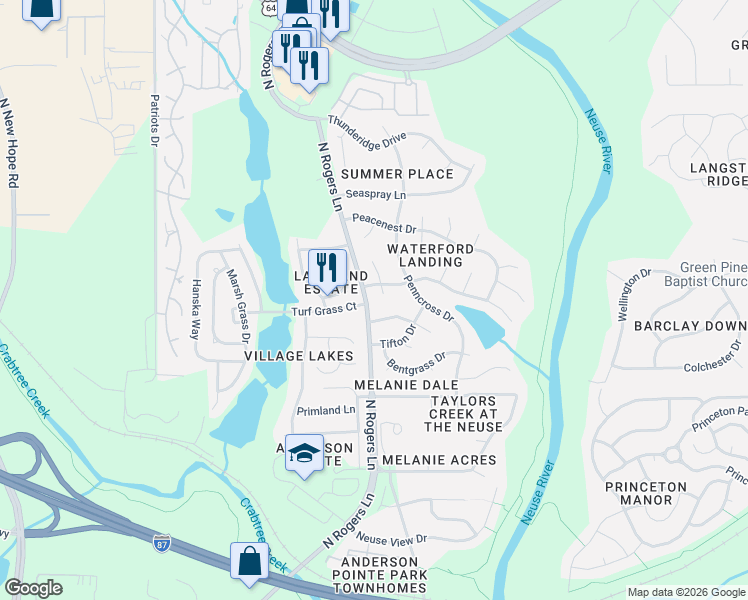map of restaurants, bars, coffee shops, grocery stores, and more near 704 White Daisies Court in Raleigh