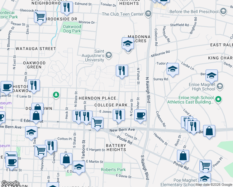 map of restaurants, bars, coffee shops, grocery stores, and more near 1512 Oakwood Avenue in Raleigh