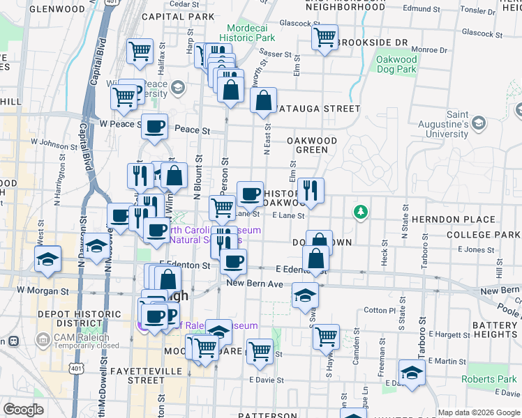 map of restaurants, bars, coffee shops, grocery stores, and more near 323 East Lane Street in Raleigh