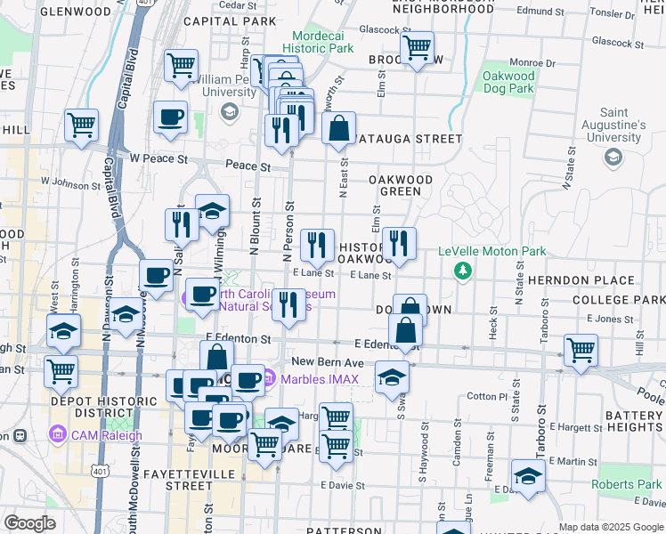 map of restaurants, bars, coffee shops, grocery stores, and more near 323 East Lane Street in Raleigh