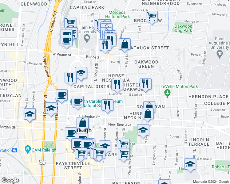 map of restaurants, bars, coffee shops, grocery stores, and more near 323 East Lane Street in Raleigh