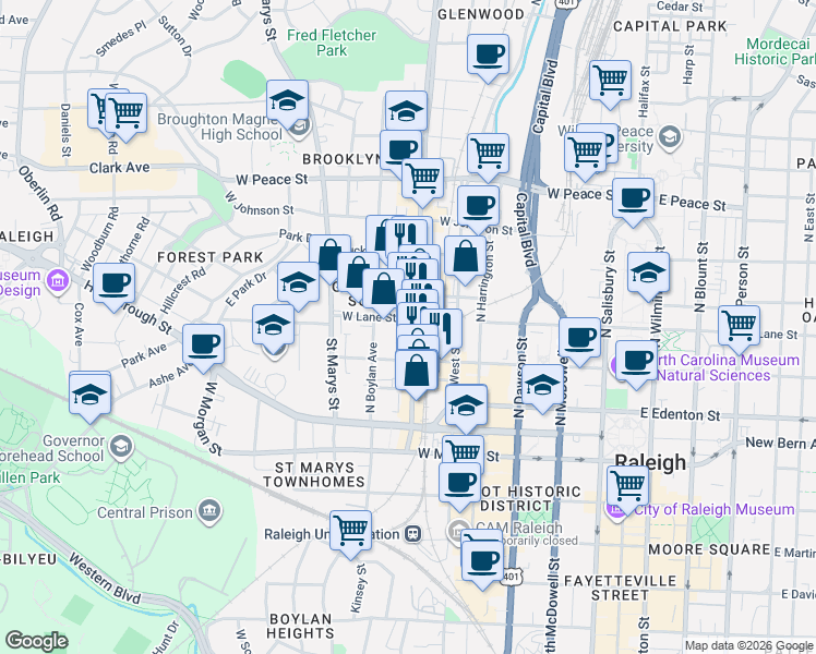 map of restaurants, bars, coffee shops, grocery stores, and more near 221 Glenwood Avenue in Raleigh