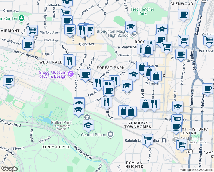 map of restaurants, bars, coffee shops, grocery stores, and more near 1305 College Place in Raleigh