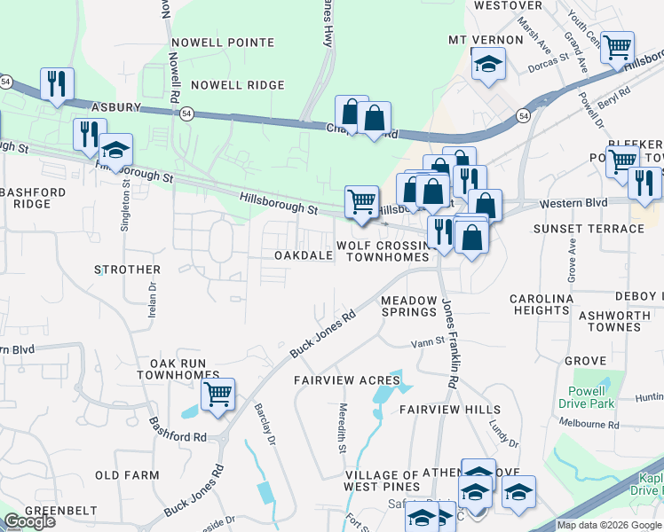 map of restaurants, bars, coffee shops, grocery stores, and more near 5705 Waycross Street in Raleigh