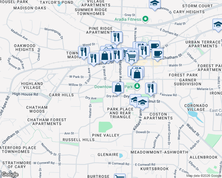 map of restaurants, bars, coffee shops, grocery stores, and more near 130 Manhattan Court in Cary