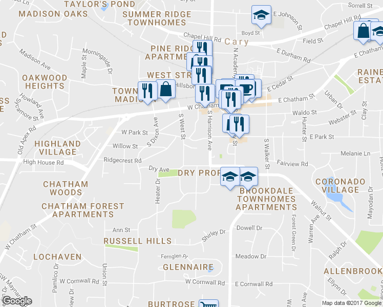 map of restaurants, bars, coffee shops, grocery stores, and more near 130 Manhattan Court in Cary