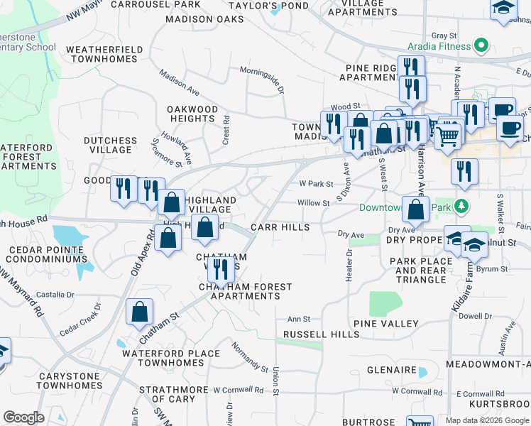 map of restaurants, bars, coffee shops, grocery stores, and more near 613 Samuel Cary Drive in Cary