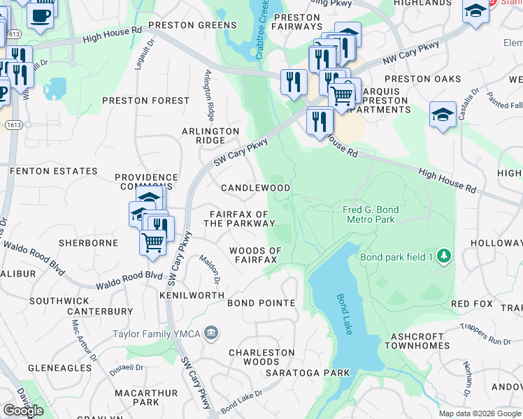 map of restaurants, bars, coffee shops, grocery stores, and more near 203 Muir Woods Drive in Cary
