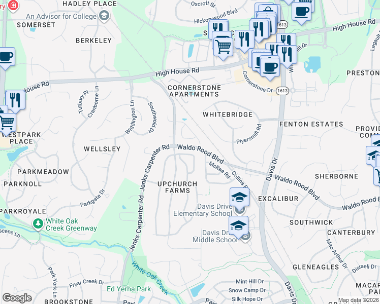 map of restaurants, bars, coffee shops, grocery stores, and more near 115 Hilda Grace Lane in Cary