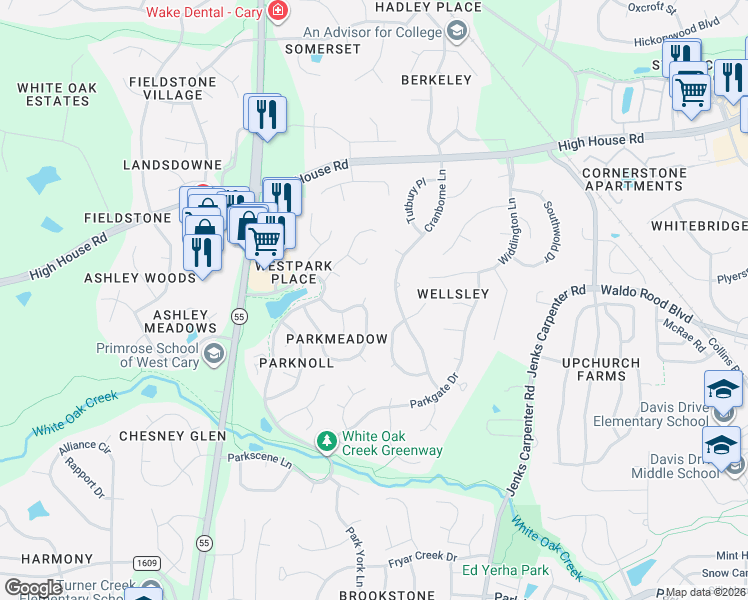 map of restaurants, bars, coffee shops, grocery stores, and more near 102 Parkwhisper Court in Cary