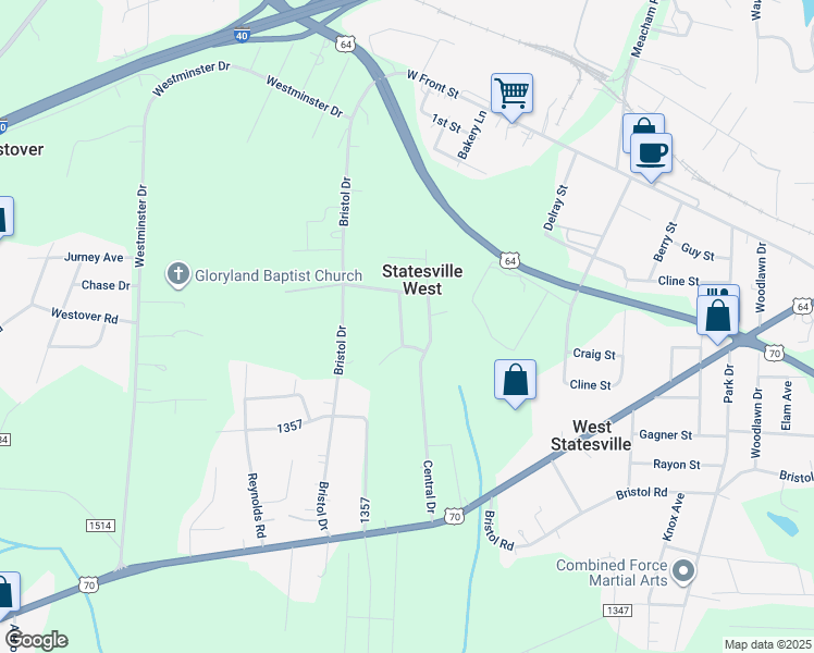 map of restaurants, bars, coffee shops, grocery stores, and more near 517 Holly Street in Statesville