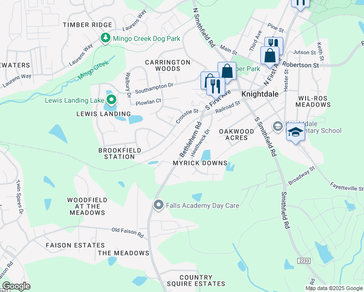 map of restaurants, bars, coffee shops, grocery stores, and more near 340 Bethlehem Road in Knightdale