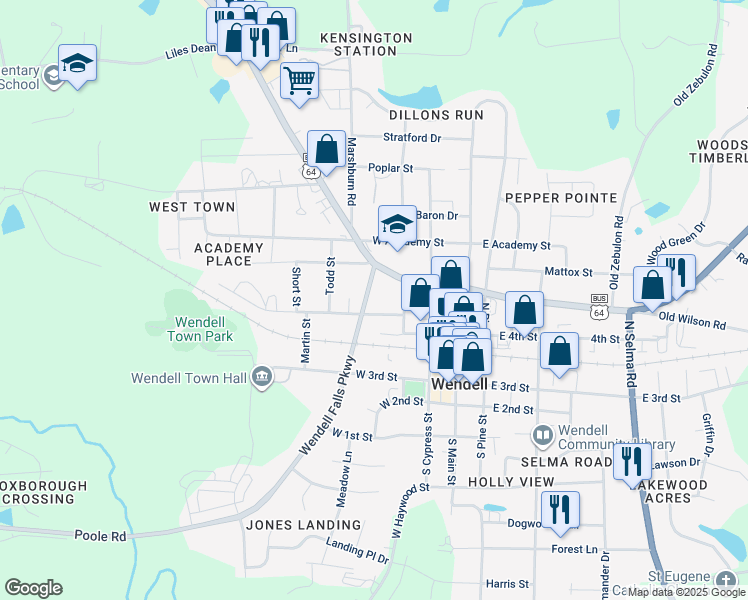 map of restaurants, bars, coffee shops, grocery stores, and more near 121 Wendell Falls Parkway in Wendell