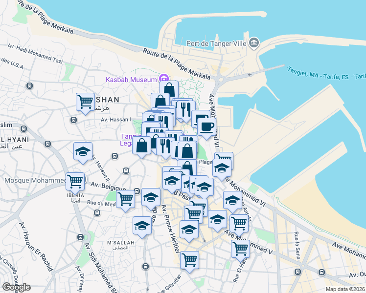 map of restaurants, bars, coffee shops, grocery stores, and more near 8 Rue d'Amerique in Tanger