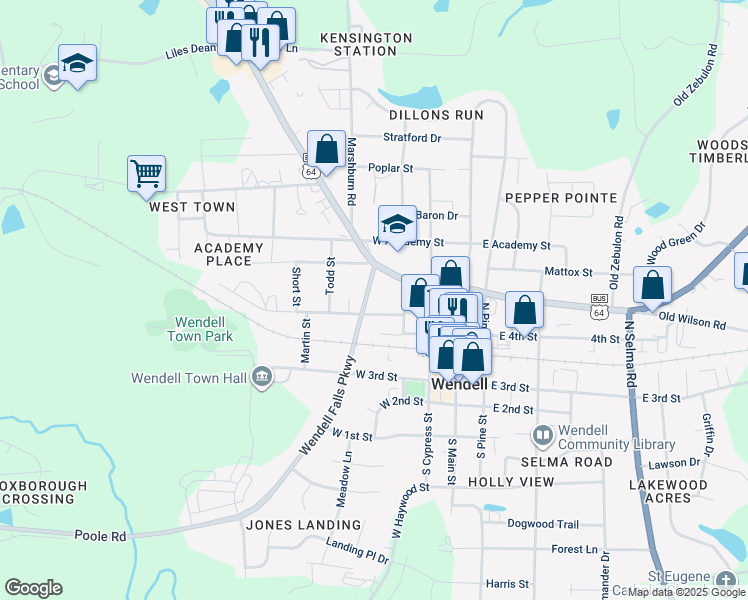 map of restaurants, bars, coffee shops, grocery stores, and more near 121 Wendell Falls Parkway in Wendell