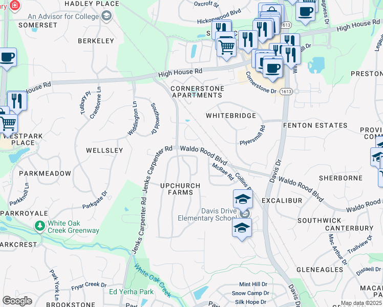 map of restaurants, bars, coffee shops, grocery stores, and more near 115 Hilda Grace Lane in Cary