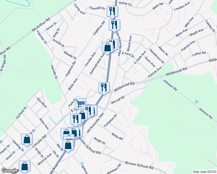 map of restaurants, bars, coffee shops, grocery stores, and more near 2216 East Broadway Avenue in Maryville