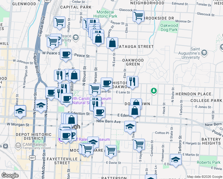 map of restaurants, bars, coffee shops, grocery stores, and more near 323 East Lane Street in Raleigh