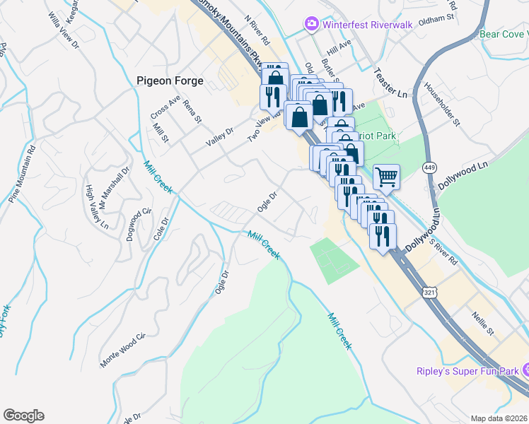 map of restaurants, bars, coffee shops, grocery stores, and more near 320 Duggan Street in Pigeon Forge