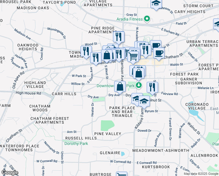 map of restaurants, bars, coffee shops, grocery stores, and more near 116 Manhattan Court in Cary