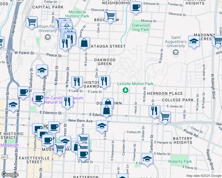 map of restaurants, bars, coffee shops, grocery stores, and more near 309 Cooke Street in Raleigh