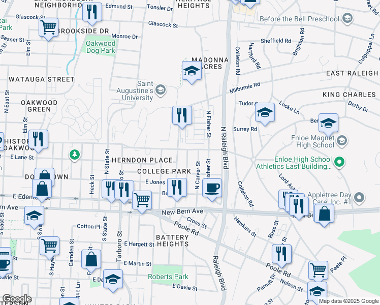 map of restaurants, bars, coffee shops, grocery stores, and more near 1700 Oakwood Avenue in Raleigh