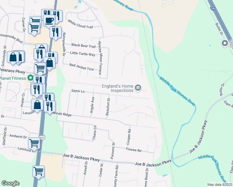 map of restaurants, bars, coffee shops, grocery stores, and more near 339 Sayre Lane in Murfreesboro