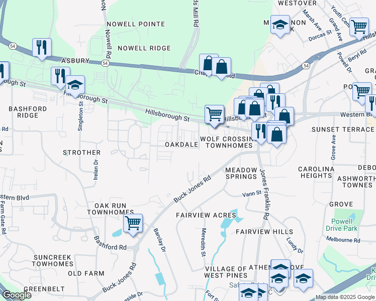 map of restaurants, bars, coffee shops, grocery stores, and more near 5711 Waycross Street in Raleigh