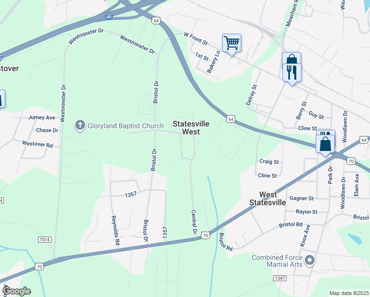 map of restaurants, bars, coffee shops, grocery stores, and more near 517 Holly Street in Statesville