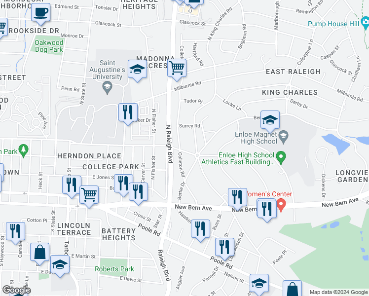 map of restaurants, bars, coffee shops, grocery stores, and more near 300 Colleton Road in Raleigh