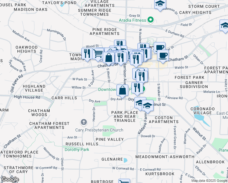 map of restaurants, bars, coffee shops, grocery stores, and more near 327 South West Street in Cary