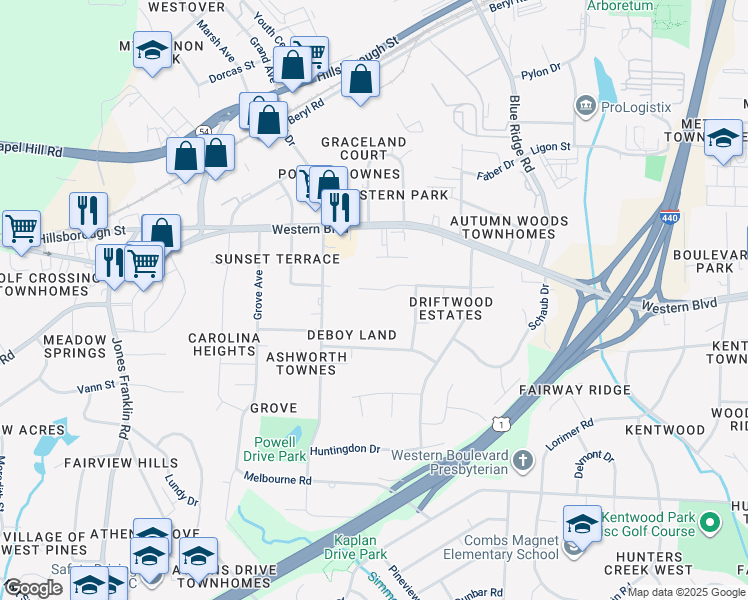 map of restaurants, bars, coffee shops, grocery stores, and more near 4121 Brewster Drive in Raleigh