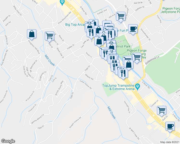 map of restaurants, bars, coffee shops, grocery stores, and more near 320 Duggan Street in Pigeon Forge