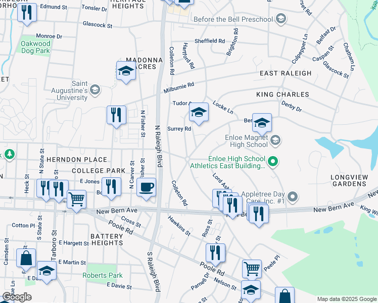 map of restaurants, bars, coffee shops, grocery stores, and more near 302 North King Charles Road in Raleigh