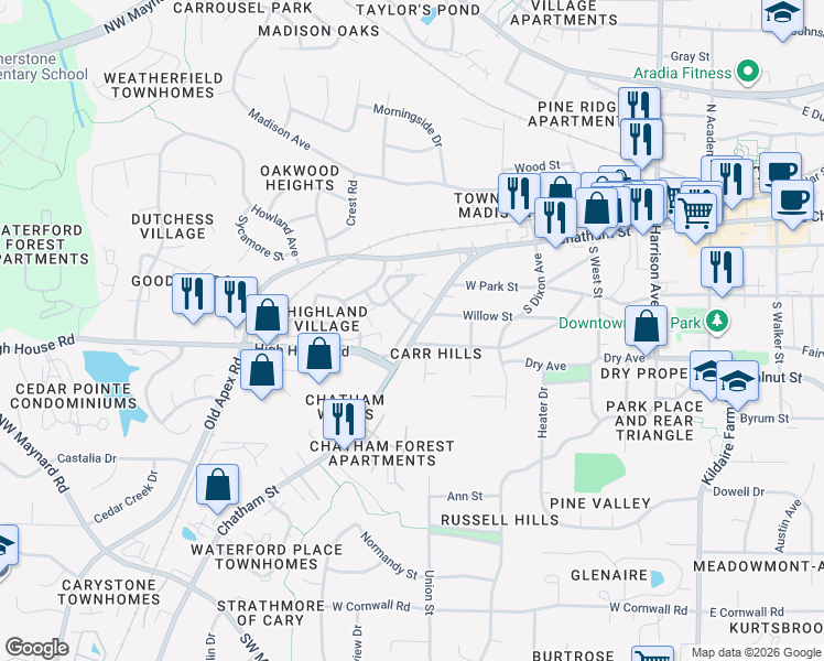 map of restaurants, bars, coffee shops, grocery stores, and more near 613 Samuel Cary Drive in Cary