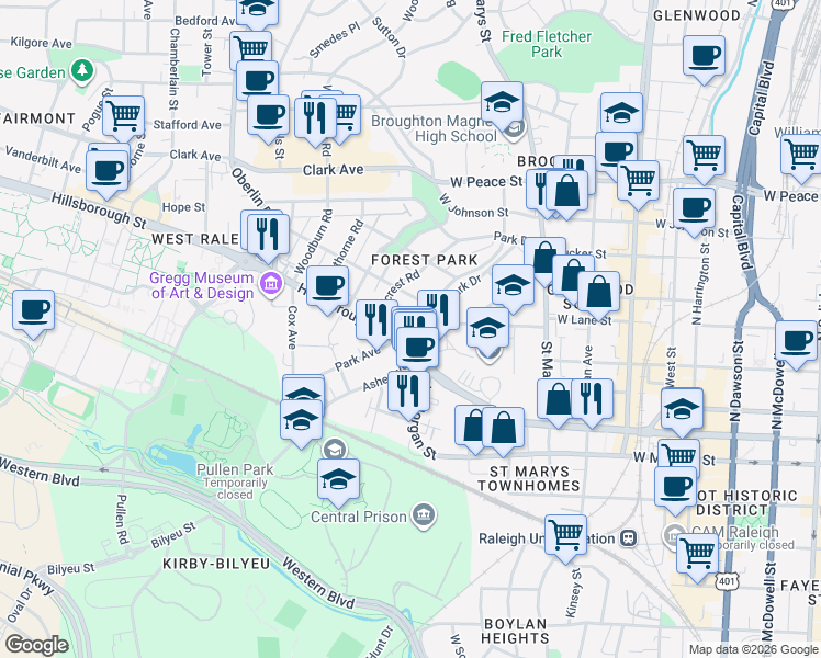 map of restaurants, bars, coffee shops, grocery stores, and more near 1305 College Place in Raleigh