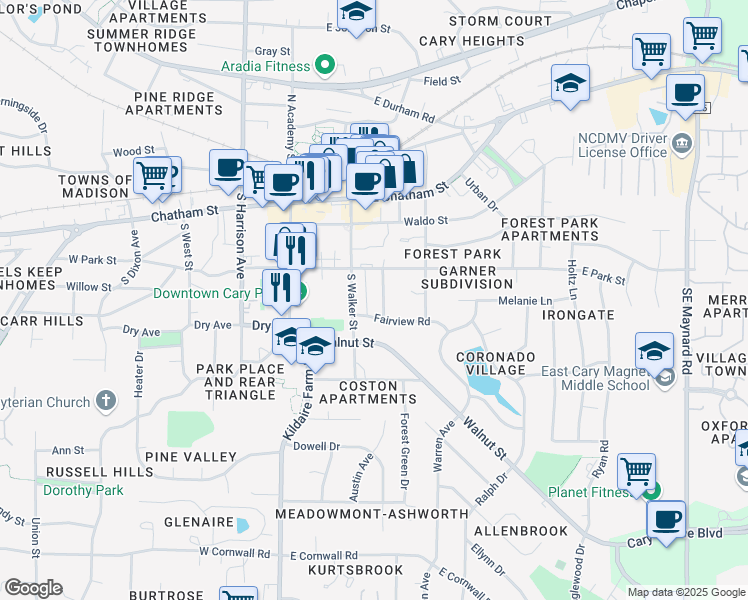 map of restaurants, bars, coffee shops, grocery stores, and more near 313 Keener Street in Cary