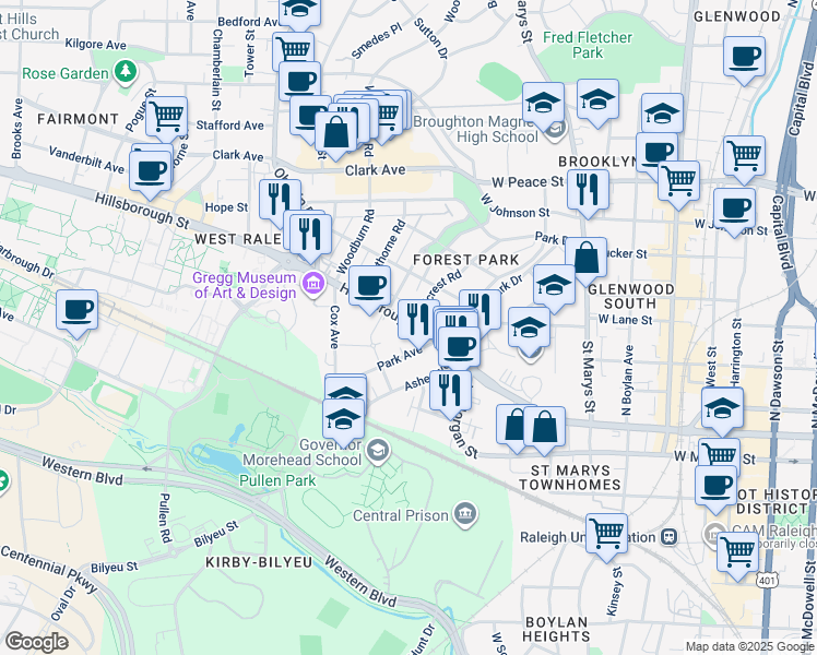 map of restaurants, bars, coffee shops, grocery stores, and more near 1505 Hillsborough Street in Raleigh