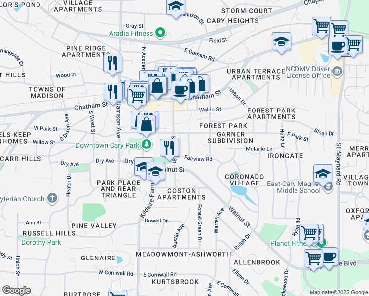 map of restaurants, bars, coffee shops, grocery stores, and more near 314 Keener Street in Cary