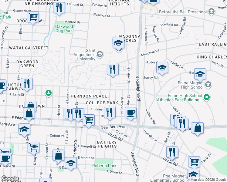 map of restaurants, bars, coffee shops, grocery stores, and more near 1606 Oakwood Avenue in Raleigh