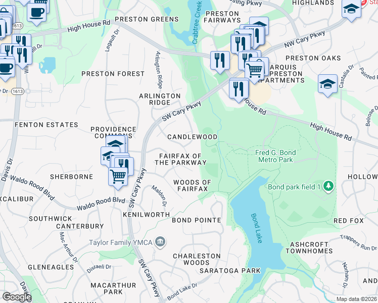 map of restaurants, bars, coffee shops, grocery stores, and more near 203 Muir Woods Drive in Cary