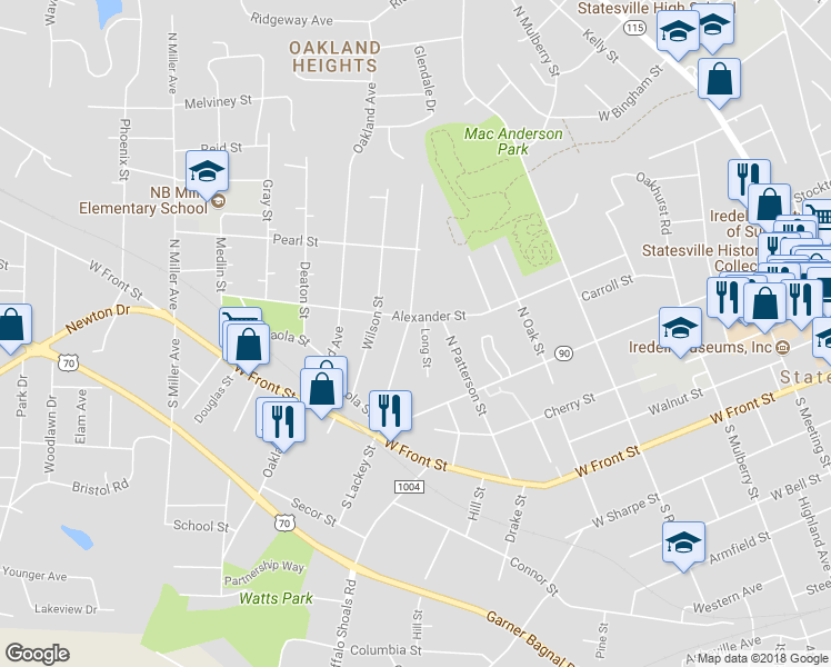 map of restaurants, bars, coffee shops, grocery stores, and more near 278 North Lackey Street in Statesville