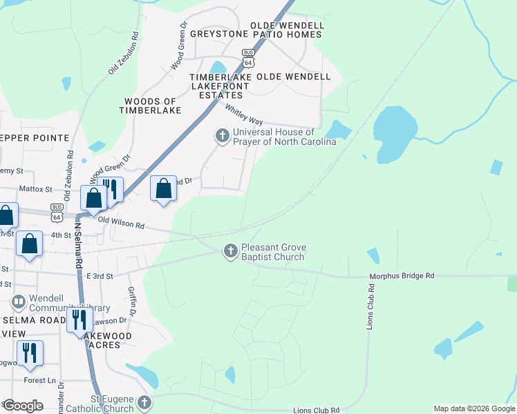 map of restaurants, bars, coffee shops, grocery stores, and more near 319 Allegro Road in Wendell