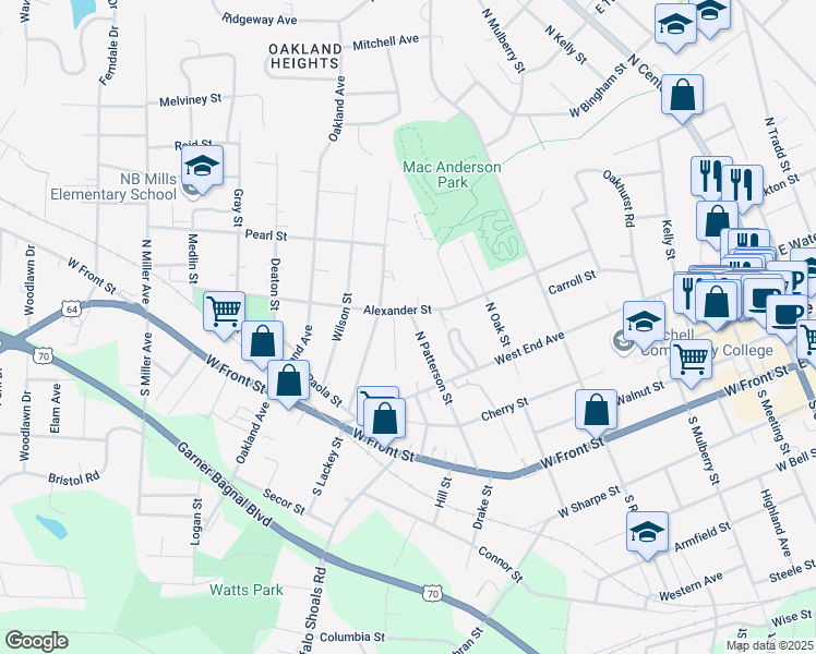 map of restaurants, bars, coffee shops, grocery stores, and more near 253 N Patterson St in Statesville
