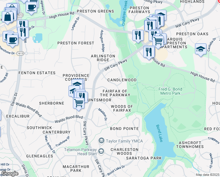 map of restaurants, bars, coffee shops, grocery stores, and more near 103 Oconee Ct in Cary