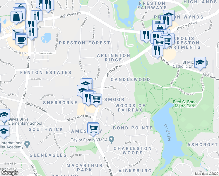 map of restaurants, bars, coffee shops, grocery stores, and more near 106 Fairfax Lane in Cary