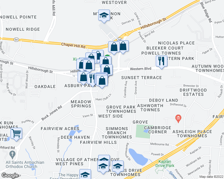 map of restaurants, bars, coffee shops, grocery stores, and more near 133 Hunt Club Lane in Raleigh